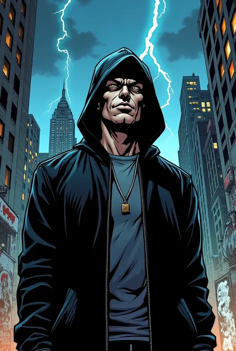 Generate a comic book image for the following description: **Slim Shady in a hoodie:**
```
Yo, its Slim Shady, the real deal, no fakin,
Gothams in my hands, and its mine for the takin.
You think youre a hero, but youre just a facade,
Like Christopher Reeve...