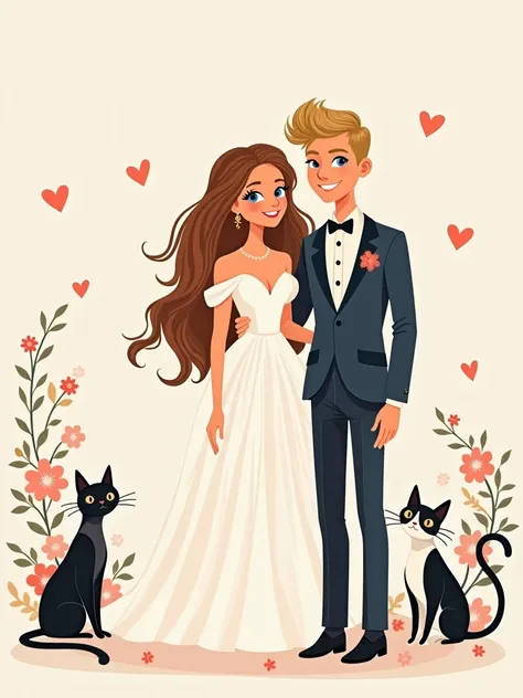 A captivating and elegant illustration of a chic and minimalist wedding invitation. The design showcases Birsu Sun, a radiant bride with wavy hair and brown eyes, and Erkan Eren, a dashing groom with voluminous, wavy blonde hair and blue eyes. The couples ...