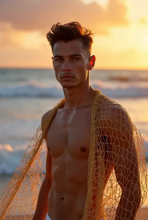 naked/fully naked handsome young man in a gold fishing net