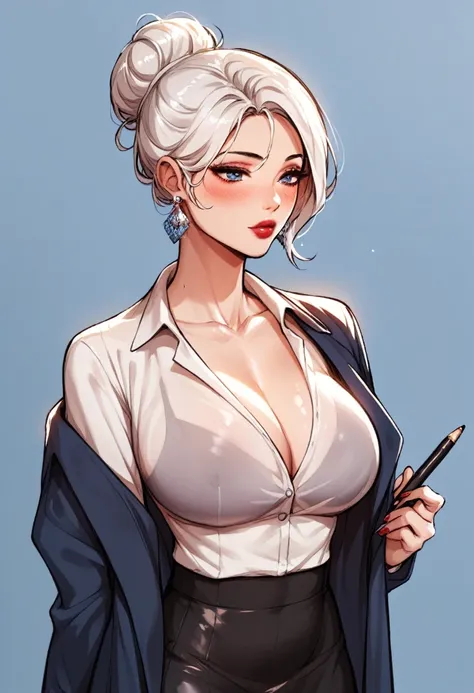 Hot, sexy, beautiful and lovely secretary,Brown See-Through Tee,Black pencil skirt,coat, Indian silver jhumka earrings,Large Breasts,  Lipstick,cosmetic,White hair，Blue shade,Hair Bun,Two fallen hairs,blush,