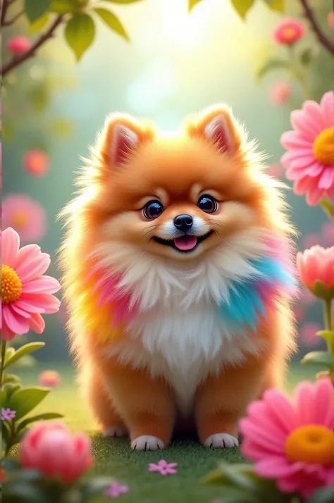 facing the front. A character like a Pomeranian. Not human. The fur is colorful and conspicuous.