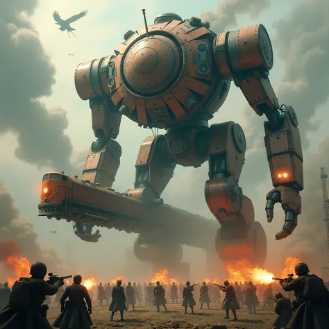 High resolution, accurate, Highest quality, Anatomically correct, Abstract painting, masterpiece, steampunk、Giant humanoid robots powered by steam engines、They bend over and try to lift up a train、The army attacks robots with guns