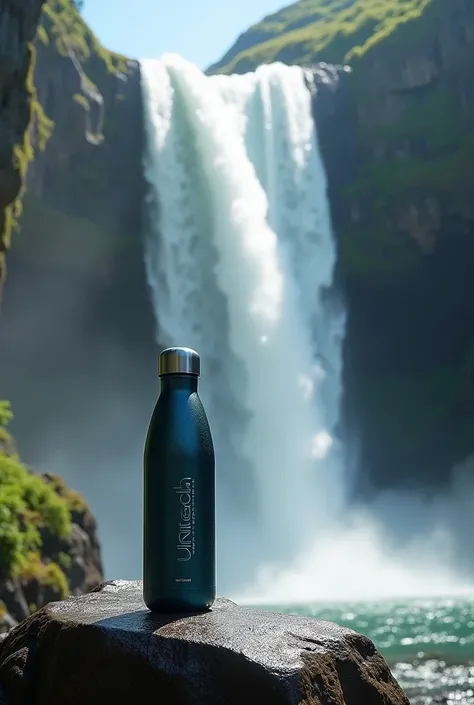 Capture a large and majestic waterfall., Make sure the water flows powerfully from above.. Place the Unitech water bottle below the waterfall., Position it on a rock or clean surface.. Pay attention to how the light and water from the waterfall create spar...