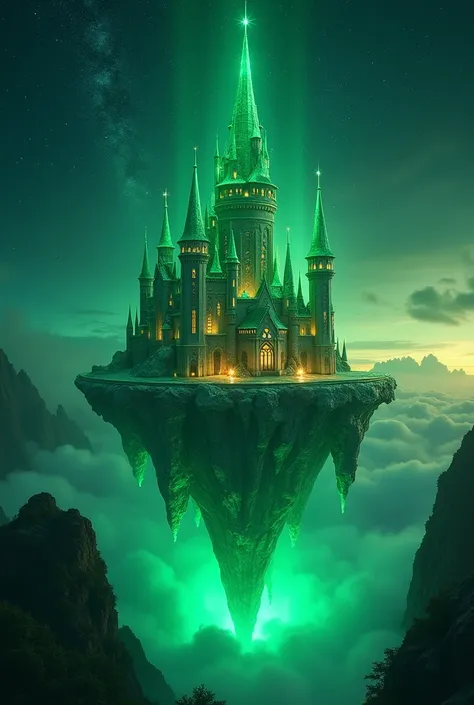 "Design an image of an otherworldly emerald green castle floating on a massive, shimmering emerald crystal platform, high above the clouds. The castles towers are tall and slender, adorned with glowing emerald spires that pierce the sky. The castle walls a...