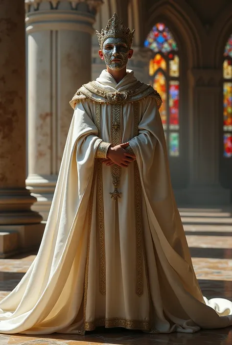 King baldwin wearing silver mask - the boy king, engraved gold chain, divine papacy, legendery hood, divine papacy legs, cape in whte looking cool