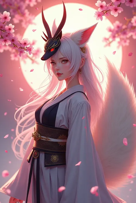 I want an angel-demon woman in anime style with a katana and a kitsune mask on one side of her head as an ornament, dressed in light samurai armor on the demon side and a detailed kimono on the angel side. Japanese style background with cherry blossoms fal...