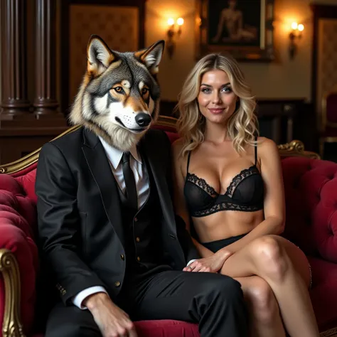 A wolf wearing a suit sitting with a blonde 18-year-old woman with huge breasts in lingerie on a sofa in a mansion 