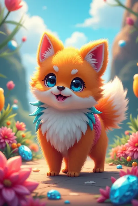 facing the front. A character in like a Pomeranian. Not human. The fur is colorful and conspicuous.Pokemon-like character