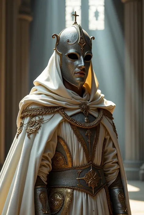 King baldwin wearing silver mask - the boy king, engraved gold chain, divine papacy, legendery hood, divine papacy legs, cape in whte looking cool