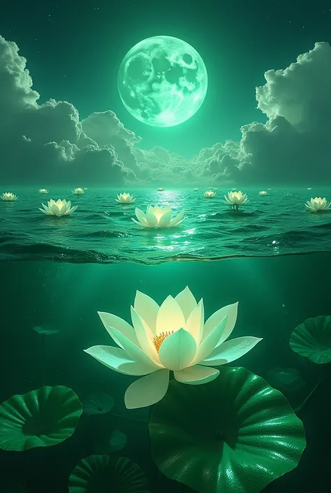 "Create an image of a vast emerald green ocean with waves made of shimmering liquid crystal. Rising from the oceans depths are colossal, glowing emerald green lotus flowers, each petal made of translucent crystal that glows softly from within. The flowers ...