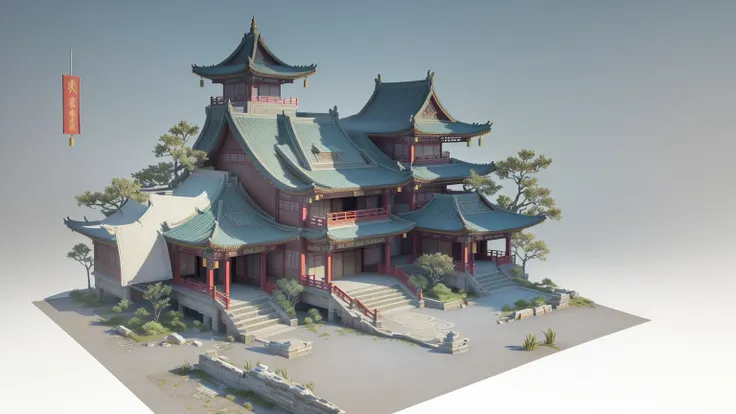 there is a 3d image of a Chinese Architecture with a courtyard, Beautiful rendering of the Tang Dynasty, Chinese Architecture, Cyberpunk Chinese Ancient Castle, High Detail, Fully detailed render, Highly detailed rendering, Very detailed rendering, hq very...