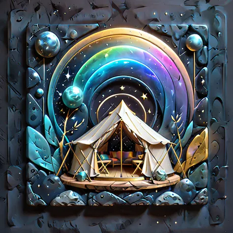 Glamping、symbol、Three-dimensional、Shine、Shine、gold、The background is the universe.