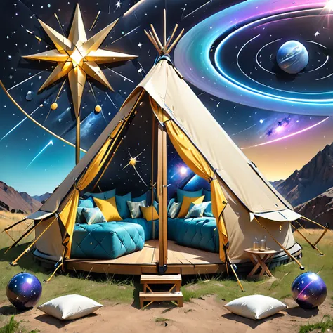 Glamping、symbol、Three-dimensional、Shine、Shine、gold、The background is the universe.