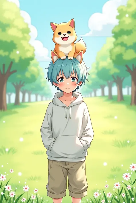 Illustration of a light blue-haired boy with dog ears with a small Shiba Inu dog on his head
The outfit is a white hoodie and baggy pants