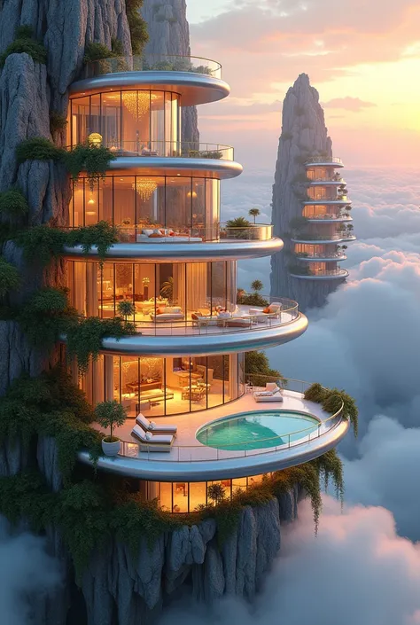 "Design an image of a grand, floating luxury penthouse suspended in the sky among the clouds. The penthouse is made of reflective glass and polished platinum, with large, open terraces that feature lush emerald green gardens and cascading waterfalls. The i...