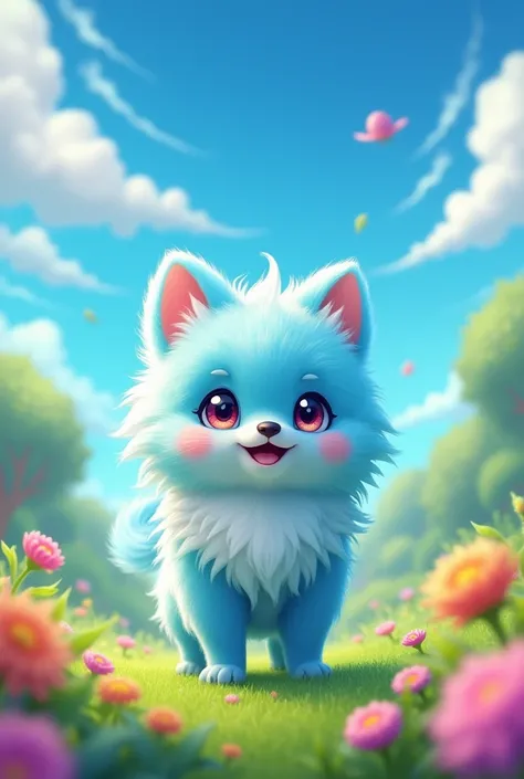 facing the front. A character in like a Pomeranian. Not human. The fur is blue and conspicuous.Pokemon-like character