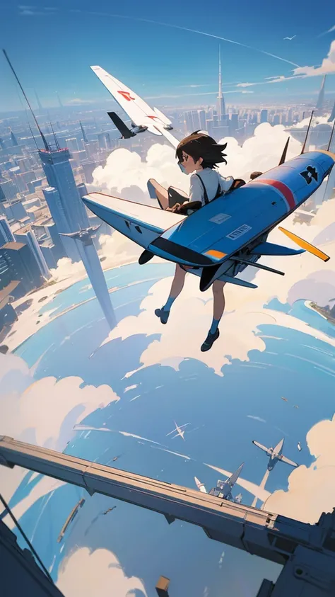 
Flat painted hand-drawn background, Makoto Shinkais sky, blue, with a studio and city below, drone airplane, large background generated from a rooftop perspective, sky occupies a large portion, large scene, looking up, drone