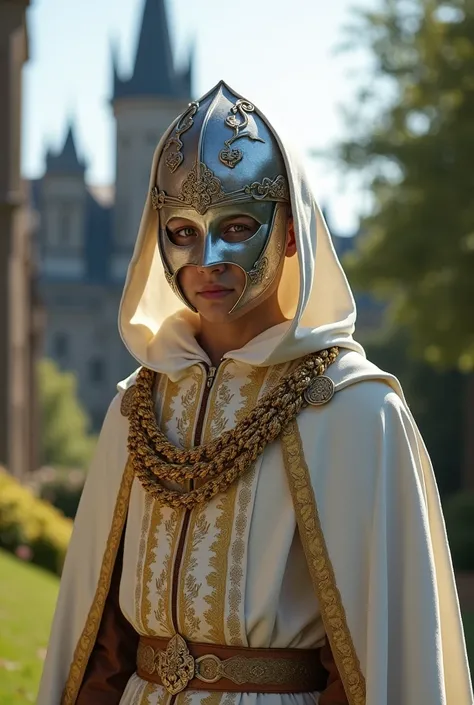 King baldwin wearing silver mask - the boy king, engraved gold chain, divine papacy, legendery hood, divine papacy legs, cape in whte looking cool