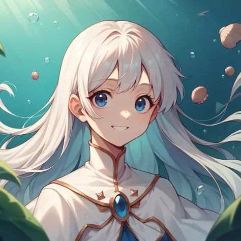 (best quality, masterpiece), 1 girl, upper body, cute girl, under the sea, (white long hair), straight hair, deep dark blue eyes, smile, no accessories, top made shells