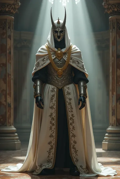 King baldwin wearing silver mask, engraved gold chain, divine papacy, legendery hood, divine papacy legs, cape in whte looking cool