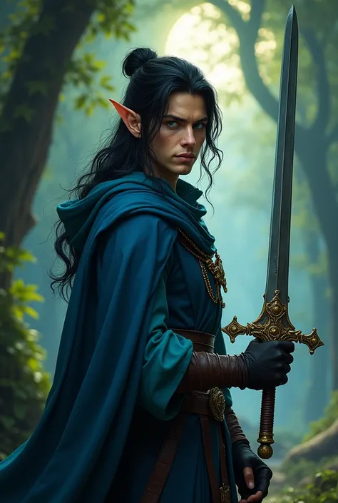 
elfe male warrior with  one sword
half black hair, green eyes
enigmatic l smile
clothes dark blue and sky blue
 scare on right face 
