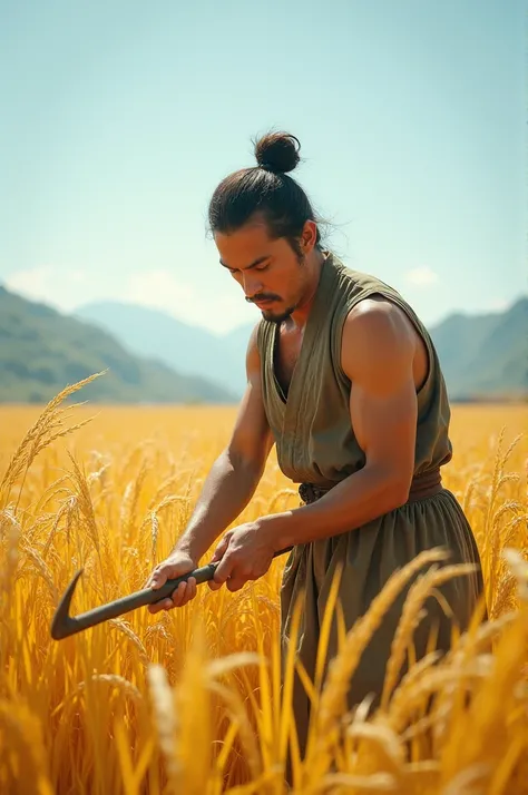 The man is harvesting rice in the field during the Han dynasty.