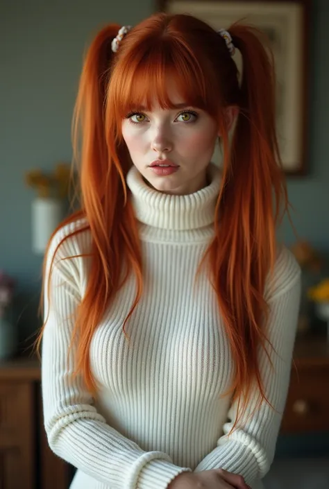 masterpiece, Highest quality, One person, alone, Are standing, Lips parted, Redhead, Twin tails, Very long hair, Yellow Eyes, Hair Scrunchie, Huge breasts, View your viewers, White sweater, Ribbed sweater, Sweater dress, Turtleneck sweater, Saggy breasts, ...