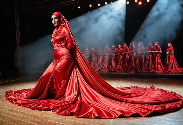 A woman shrouded in a 4-meter-long, plush red satin cloth, tightly bound and grandly draping along the form of her body, flowing off into a pooled floor-length train, styled in a mermaid-inspired outfit, her head modestly veiled in a satin hijab, tall woma...