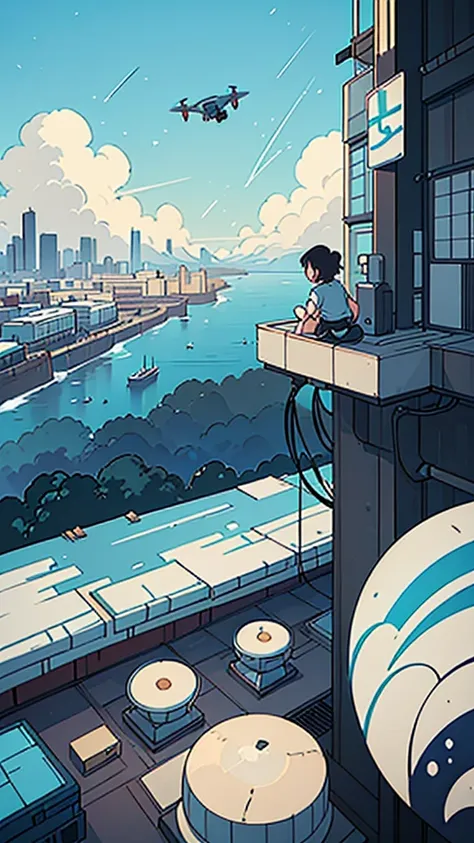 Flat painting, hand-painted background, Makoto Shinkais sky, blue, with studios and cities below, drone airplane, large background generated from a rooftop perspective, sky occupies a large proportion, large scene, looking up, drone, no characters