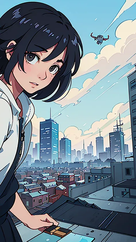 Flat painting, hand-painted background, Makoto Shinkais sky, blue, with studios and cities below, drone airplane, large background generated from a rooftop perspective, sky occupies a large proportion, large scene, looking up, drone, no characters