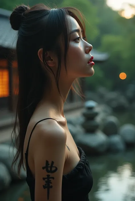 editorial photography,super detailed background,Super realistic,double exposure,depth of field,cool beauty skinny vides,soft focus tone,narrative scene,Zen temple garden,open Crimson lips,Wabi-Sabi,narrow eyes,Kanji tattoo,profile,waist shot,