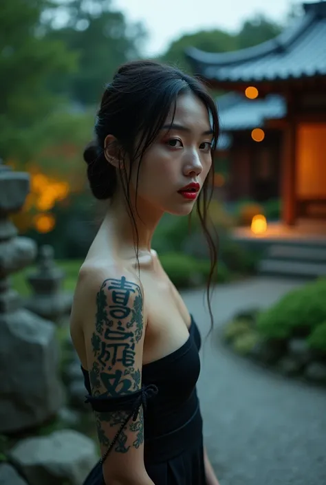 editorial photography,super detailed background,Super realistic,double exposure,depth of field,cool beauty skinny vides,soft focus tone,narrative scene,Zen temple garden,open Crimson lips,Wabi-Sabi,narrow eyes,Kanji tattoo,profile,waist shot,