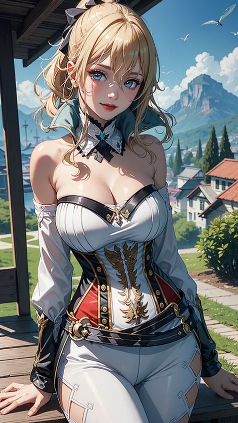 Masterpiece, ultra detail, high quality, 8k cg, jeanfavonian, blush, bright eyes, detail face, dynamic poses, daylight mountain view background, looking at viewer, huge breast, super detailed, red lip, make up, slim body, narrow waist, smilling, happy face...