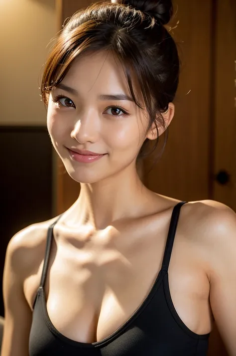 erect nipples , Black color sports bra , Black color thong , ,  18 years old, hair bun , (Small breasts) ,best quality, face focus, soft light, ultra high res, (photorealistic:1.4), RAW photo, 1japanese girl, solo, cute, (pupil, lights in the eyes), detail...