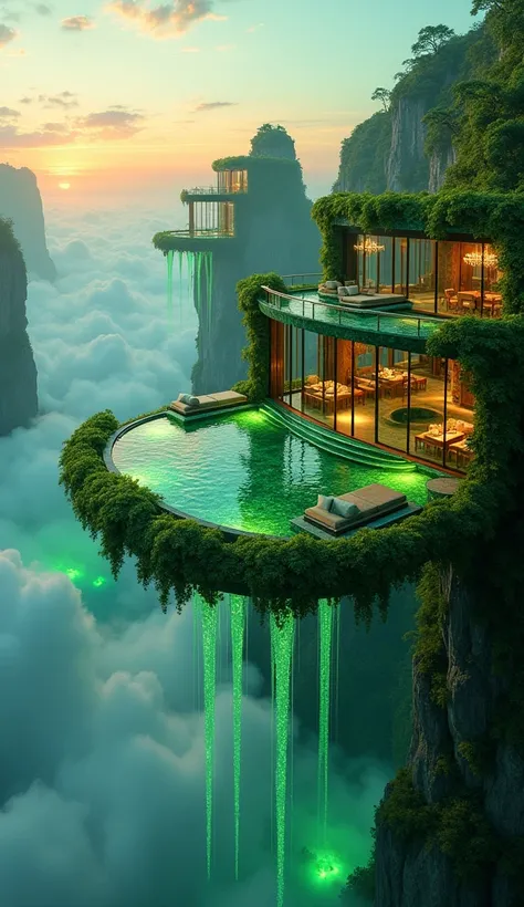 "Design an image of a grand, floating luxury penthouse suspended in the sky among emerald green clouds. The penthouse is made of reflective glass and polished emerald, with large, open terraces featuring lush emerald green gardens and cascading emerald wat...