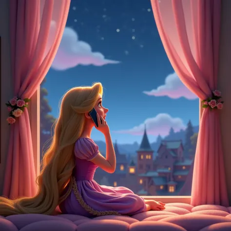 Create a cute,  stylish,beautiful realstic 3d animated-style image inside  home sitting 
realstic women  Rapunzel tangled  speaking his mobile on his  ear should be on a looking up at fluffy night time clouds in the sky on window. The background should sho...