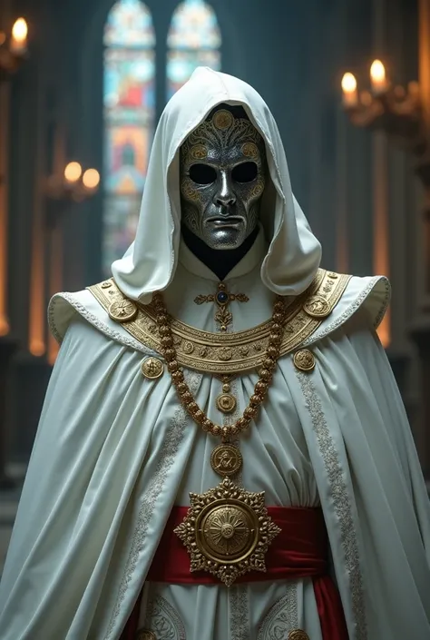 King baldwin wearing silver mask, engraved gold chain, divine papacy, legendery hood, divine papacy legs, cape in whte looking cool