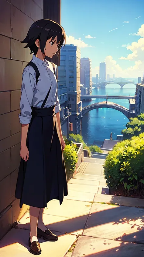 Flat hand-painted background Makoto Shinkai&#39;s blue sky with a studio and a city underneath. Drone aircraft large background generated from the perspective of the rooftop. The sky accounts for a large proportion of the scene. Looking up at the drone, th...