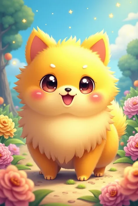 facing the front. A character in like a Pomeranian. Not human. The fur is yellow and conspicuous.Pokemon-like character.  Fluffy.