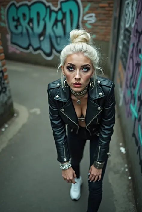 Old russian milf, platinum blonde hair in top bun ,with very light blue eyes, pale, heavy eye shadows. Sad face, smeared make up, runny mascara. Wearing black moto jacket, leopard print bra, black skinny jeans and white tennis sneakers. Lots of metallic br...