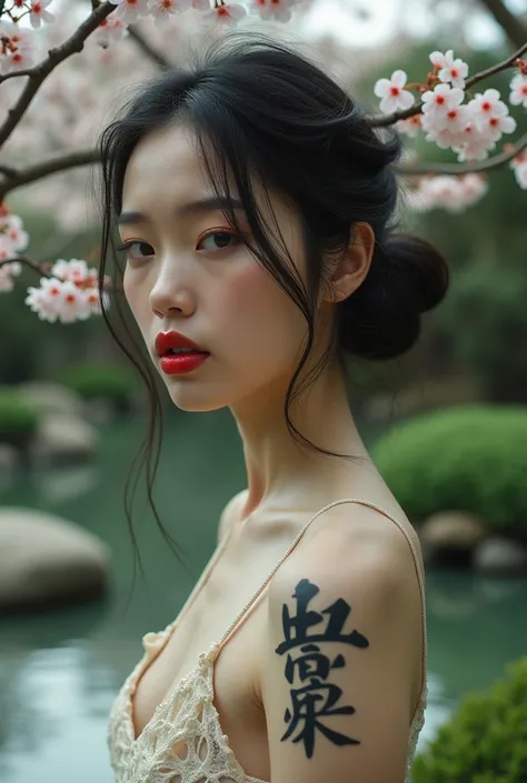 editorial photography,super detailed background,Super realistic,double exposure,depth of field,cool beauty skinny vides,soft focus tone,narrative scene,Zen temple garden,open Crimson lips,Wabi-Sabi,narrow eyes,Kanji tattoo on face,waist shot,