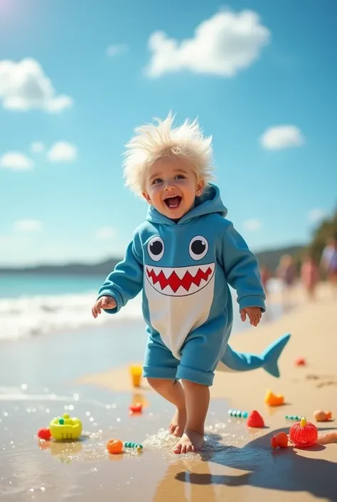 a small kid with white hair in a shark costume