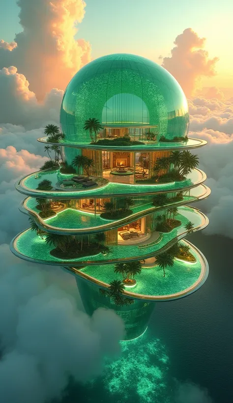 "Design an image of a majestic floating luxury penthouse nestled among radiant emerald green clouds, high above a shimmering emerald sea. The penthouse is crafted from translucent emerald glass and platinum, with sweeping, curved architecture that blends s...