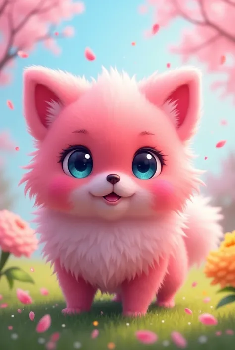 facing the front. A character in like a Pomeranian. Not human. The fur is pink and conspicuous.Pokemon-like character. Like AI’s dog.