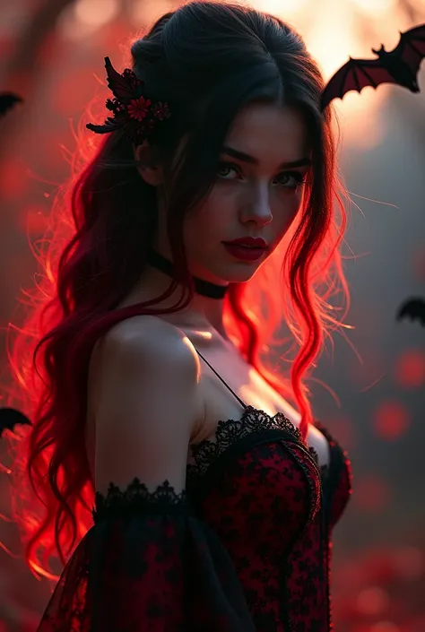 Sexy older sister　Black and red hair(7:3) villain　vampire　Blood aura(Lots of aura)　A black and red dress with a few bats in the background.