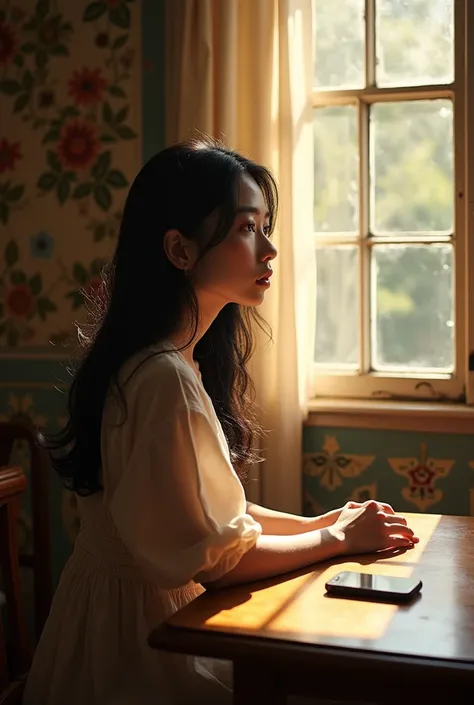 A 20-year-old woman sitting at a table by the window in a Western-style room, her profile showing a sad expression. Her features are exquisitely beautiful. An iPhone rests on the table. Japanese.