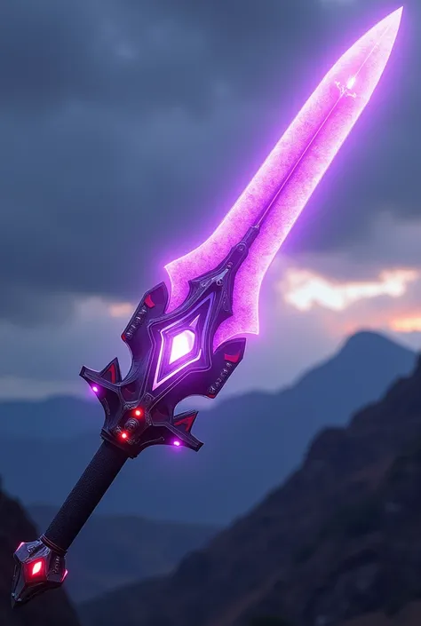  A heroic fantasy sword inspired by the "Kamen Rider" series, designed to be used by a hero. The sword has a sleek, powerful look with a blade made of a soft, translucent purple material, giving it a unique, glowing appearance. The blade is slightly curved...