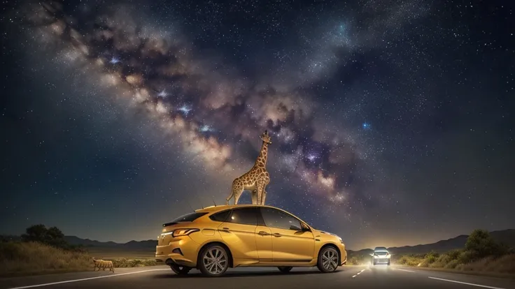 A giraffe and a car are parked on the road under the starry sky.。, There is a Milky Way in the sky, Milky Way in the sky, Night Sky; 8k, Galaxy in the sky, on a clear magnificent Night Sky, Background Galaxy, Lost in the vast universe, The endless universe...