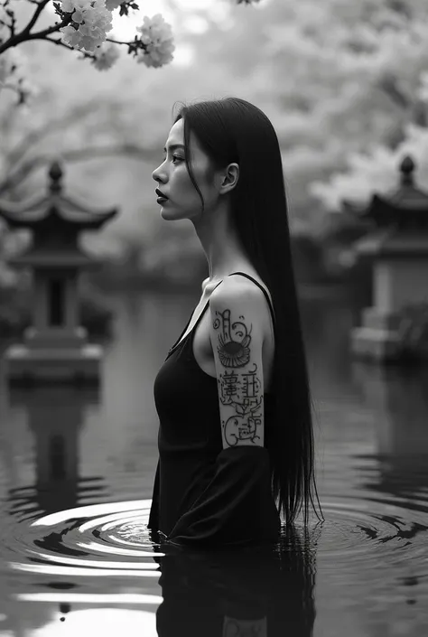 editorial photography,super detailed background,Super realistic,double exposure,depth of field,cool beauty super slender skinny vides,soft focus black white tone,narrative scene,Zen temple garden,open Crimson lips,Wabi-Sabi,narrow eyes,Kanji tattoo on face...