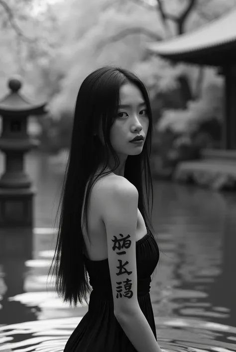 editorial photography,super detailed background,Super realistic,double exposure,depth of field,cool beauty super slender skinny vides,soft focus black white tone,narrative scene,Zen temple garden,open Crimson lips,Wabi-Sabi,narrow eyes,Kanji tattoo on face...